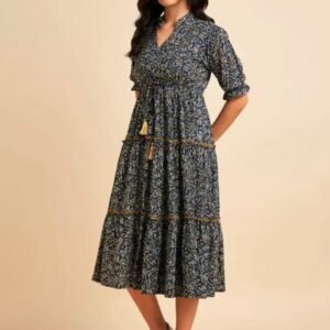 Azira Floral Printed Mandarin Collar Pure Cotton Fit & Flare Dress