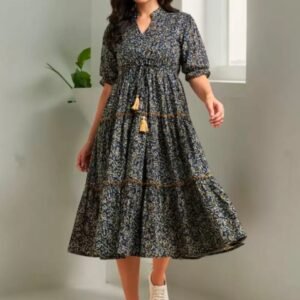 Azira Floral Printed Mandarin Collar Pure Cotton Fit & Flare Dress