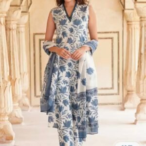 KALINI Floral Printed V-Neck Pure Cotton Straight Kurta & Trousers With Dupatta